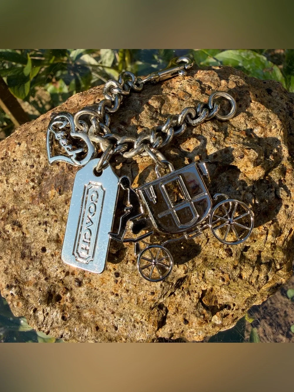 COACH Vintage Silver-Tone Horse & Carriage Multi-Charm Chain Keychain Bag Charm